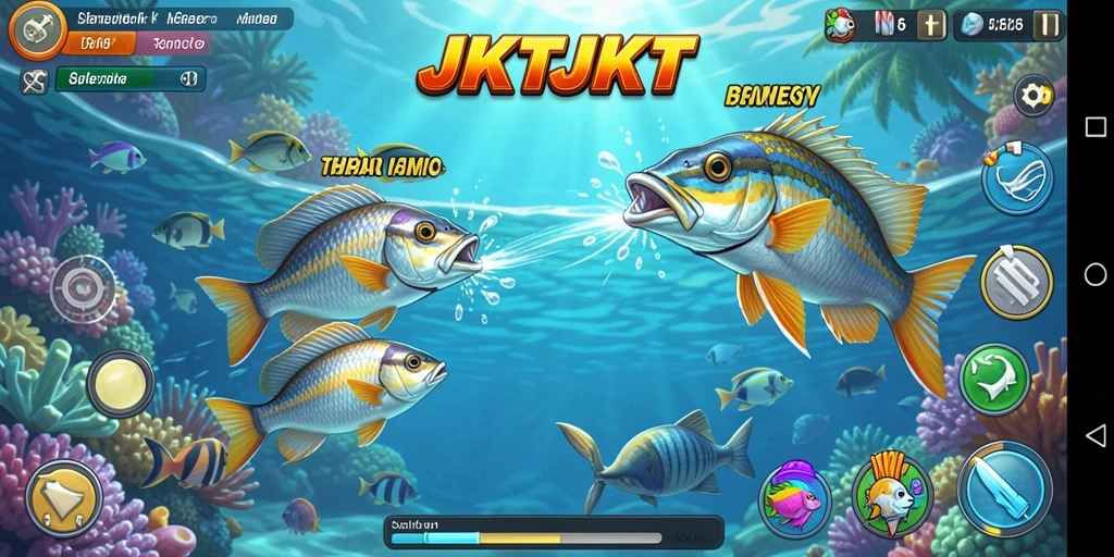 Tangkapan layar gameplay JKTJKT menampilkan suasana menembak ikan yang penuh warna.