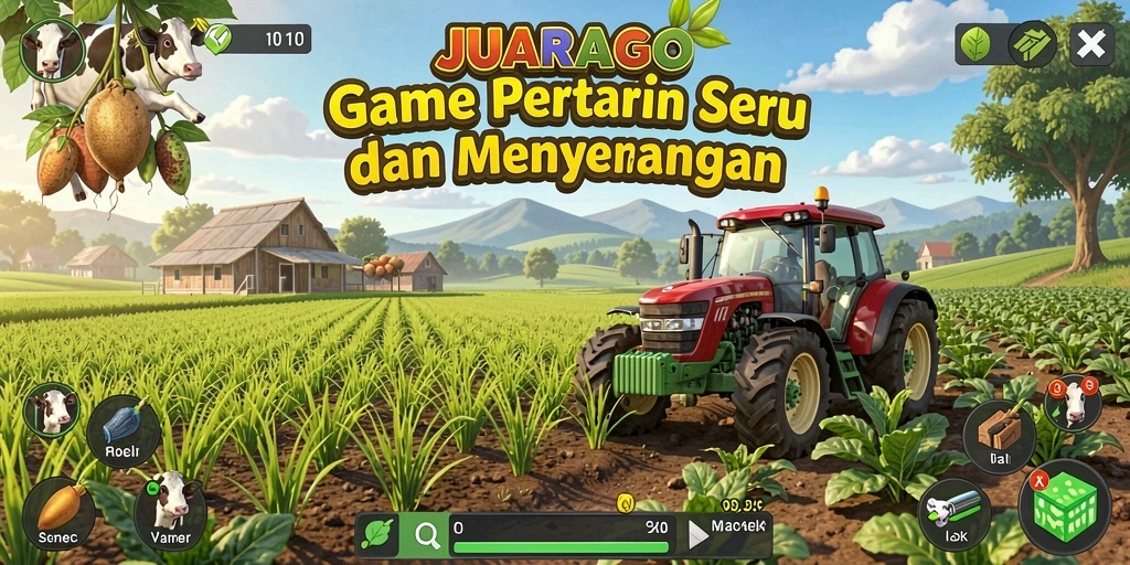 Tampilan gameplay JUARAGO yang menakjubkan saat bertani di lahan pertanian.